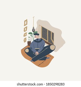 Young man resting and relaxing at home sitting on floor in living room near the window at night, enjoying leisure time alone on quarantine. Flat vector illustration.