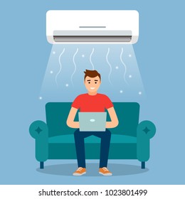 A young man is resting or working at home on the couch with the air conditioner on. concept of air cooling and climate control. vector graphic illustration 