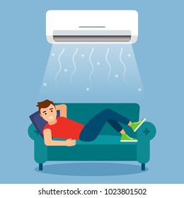 A young man is resting or working at home on the couch with the air conditioner on. concept of air cooling and climate control. vector graphic illustration 