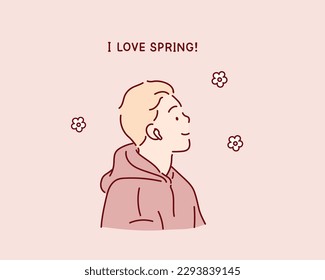 Young man rests listening the music on nature in the spring. Hand drawn style vector design illustrations.