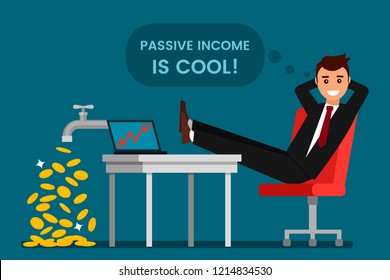 young man rests and rejoices passive income. From the tap fall gold dollars. The concept of investing and cryptographic. Rising prices for bitcoins. flat vector illustration