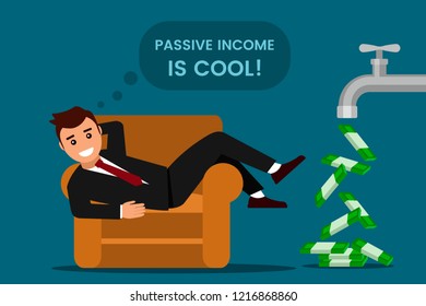 young man rests and rejoices passive income. From the tap fall dollars. The concept of investing and cryptographic. Rising prices for bitcoins. flat vector illustration