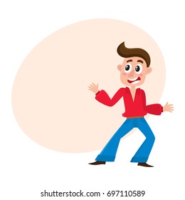 Young man in retro bell-bottomed trousers dancing dicso, cartoon vector illustration with space for text. Young man, guy with forelock dancing at retro disco party in bell-bottomed pants