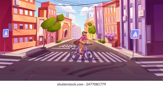 Young man ride bicycle and cross road in city. Cartoon vector male character in hat and with bag on bike on intersection of town asphalt way on summer sunny day. Person on cycle on urban street.