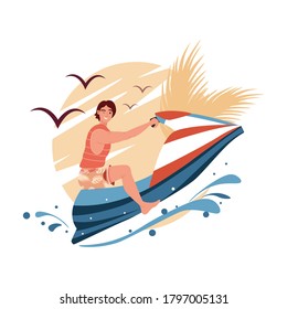 Young man ride hydro cycle in sea vector. Jetski landscape cover design. Summer holiday on water scooter ocean waves cartoon illustration. Character racing water scooter vector 