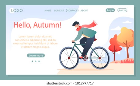 Young man rides a bicycle in the autumn park, walk in the fresh air, physical activity. Vector illustration, design for web page, site