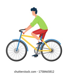 A young man rides a Bicycle in bright casual clothes and sneakers. Flat style. Sports training, active lifestyle. Color vector illustration. Isolated on a white background