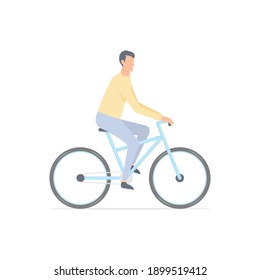 Young man rides bicycle. Cartoon guy on bicycle. Healthy lifestyle concept. Vector illustration isolated on white