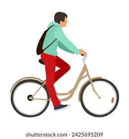 Young man rides a bicycle flat style vector illustration