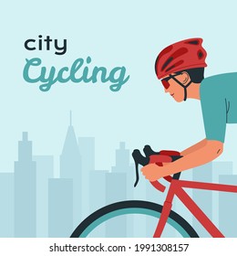 Young man rides bicycle in sportswear and helmet. Concept cyclist on the city road. Environmentally friendly transport. Outdoor activities, cardio exercise, healthy lifestyle. Flat vector illustration