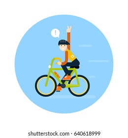 A young man rides a bicycle. Vector flat illustration.