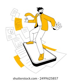 Young man rides digital content wave atop a smartphone. Cartoon character surfing the virtual digital current. Vector illustration.