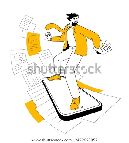 Young man rides digital content wave atop a smartphone. Cartoon character surfing the virtual digital current. Vector illustration.