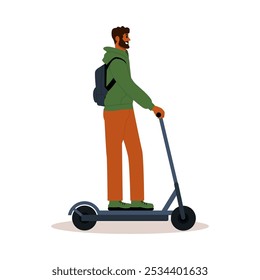 Young Man Rides an Electric Scooter. Sustainable Transport. Eco-friendly Promoting Urban Ecology. Flat Vector Illustration.