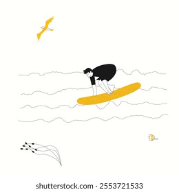 A young man rides his surfboard. Summer beach outdoor sport. Cute character. Doodle style. Vector illustration.