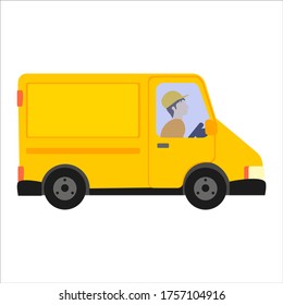 A young man with rides on a cargo minibus. A delivery service employee is delivering a shipment by a car. Cartoon vector flat character isolated on white background.