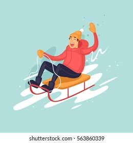 Young Man Rides On A Sled In The Snow, Winter. Flat Vector Illustration In Cartoon Style. 