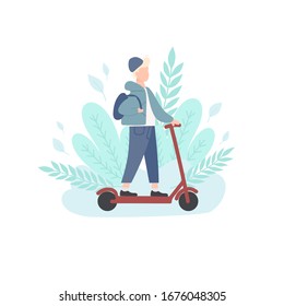 young man rides a scooter with a backpack in the fresh air against the background of spring greenery