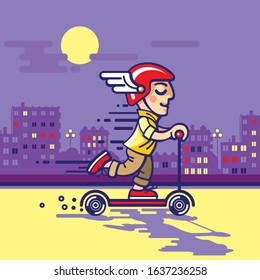 A young man rides a scooter in the night city
