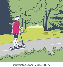 A young man rides a scooter in the park. A young man rides a scooter in the park.