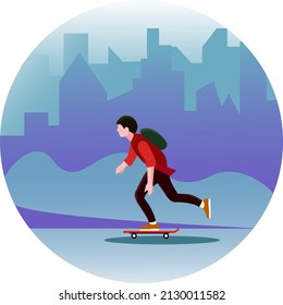 A young man rides a skateboard against the background of the evening city. For design concepts, banners, applications, prints. Vector illustration