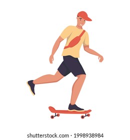 A young man rides a skateboard down the street. Flat vector illustration.