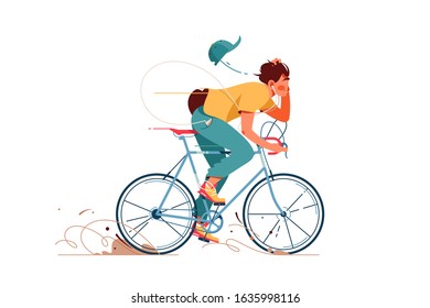 Young man rides sport bicycle listening to music vector illustration. Guy in hurry cartoon design. Activity and healthy lifestyle concept. Isolated on white