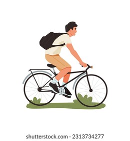 Young man rides sport bicycle listening to music vector illustration. Guy in hurry cartoon design. Activity and healthy lifestyle concept. Isolated on white