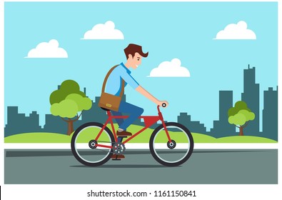 Young man rides a sports bike on a park road, Vector Illustration Bicycle man