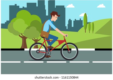 Young man rides a sports bike on a park road, Vector Illustration Bicycle man