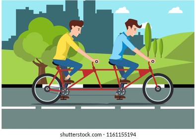 Young man rides a sports bike on a park road with friend, Vector Illustration