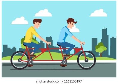 Young man rides a sports bike on a park road with friend, Vector Illustration