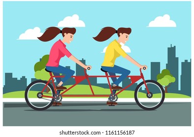 Young man rides a sports bike on a park road with girlfriend, Vector Illustration