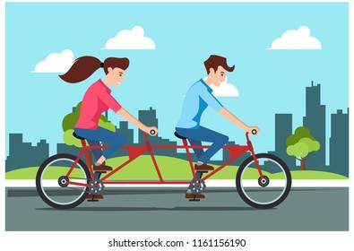 Young man rides a sports bike on a park road with girlfriend, Vector Illustration