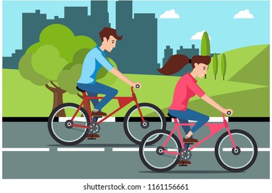 Young man rides a sports bike on a park road with girlfriend, Vector Illustration