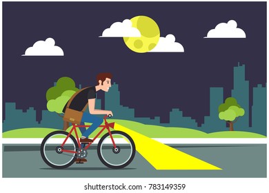 Young man rides a sports bike on a park road, at night. Vector Illustration Bicycle man
