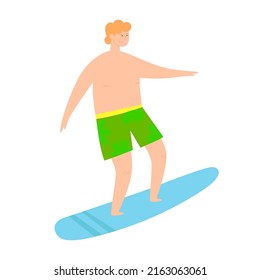 A young man rides a surfboard. Summer time. Flat vector illustration in cartoon style isolated on white background