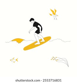 A young man rides a wave on his surfboard. Summer beach outdoor sport. Cute character. Doodle style. Vector illustration.