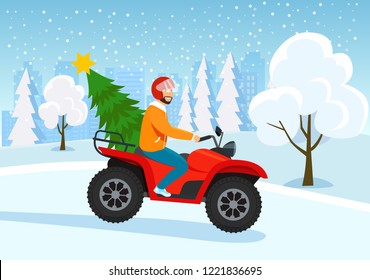 Young man riding atv with christmas tree. Winter forest landscape. Vector flat style illustration