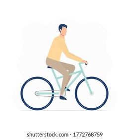 Young man riding bicycle. Businessman on bike going to office. Boy on vehicle vector illustration isolated on white background.