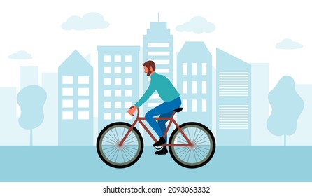 Young man riding bicycle in the city in flat design.