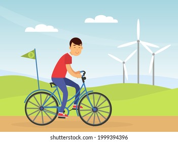 Young Man Riding Bicycle Contributing into Environment Preservation Vector Illustration