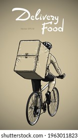 Young man riding bicycle in delivery food service sketch vector illustration