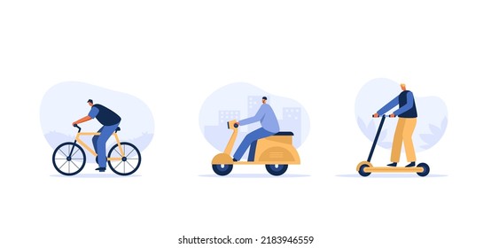 Young man riding a bicycle, electric scooter, motorcycle. flat character illustration