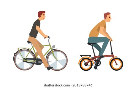 Young Man Riding Bicycle Enjoying Vacation or Weekend Activity Vector Set