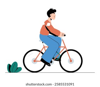 Young Man Riding Bicycle In Flat Vector Illustration Symbolizing Outdoor Activity, Cycling, And Healthy Lifestyle, Isolated On White Background