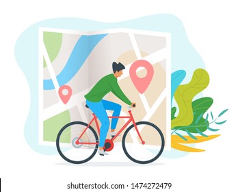 Young man riding bicycle illustration. Guy in casual clothes on bike cartoon character. Urban navigation, city map with destination markers. Active outdoor pastime, cycling hobby, sports recreation