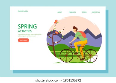 Young man riding a bicycle in the national park in spring. Vector illustration of the concept of outdoor activities and healthy lifestyle. Landing page template.