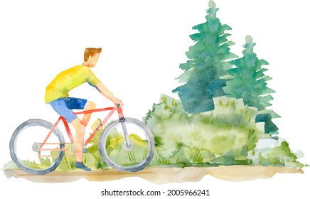 A young man is riding a bicycle outside the city in the summer. The painting was created in watercolor.