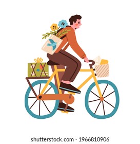 Young man riding bicycle with post boxes, parcels, flowers and envelopes in basket. Happy postman cyclist driving bike. Colored flat vector illustration of mailman isolated on white background